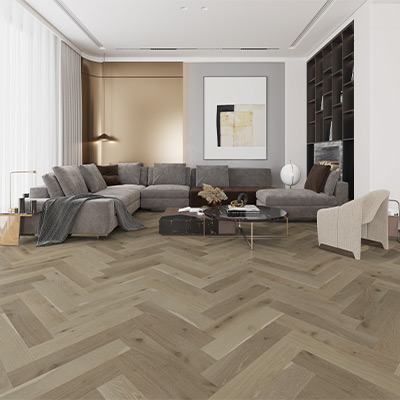 herringbone hardwood flooring in modern minimalist living room