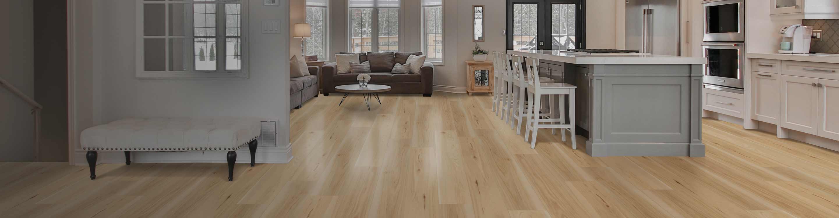 Kitchen, hardwood flooring, island table. 