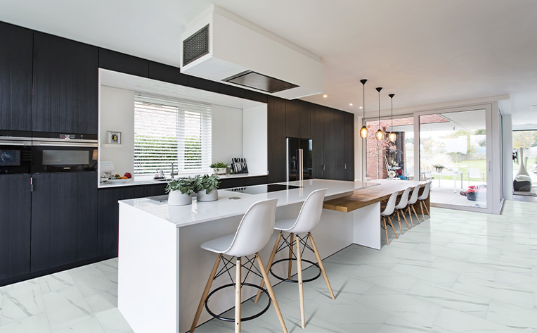 marble look luxury vinyl tile in kitchen